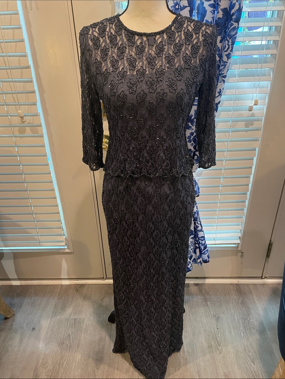 Stenay Blue Beaded Lace Long Sleeve Formal Gown